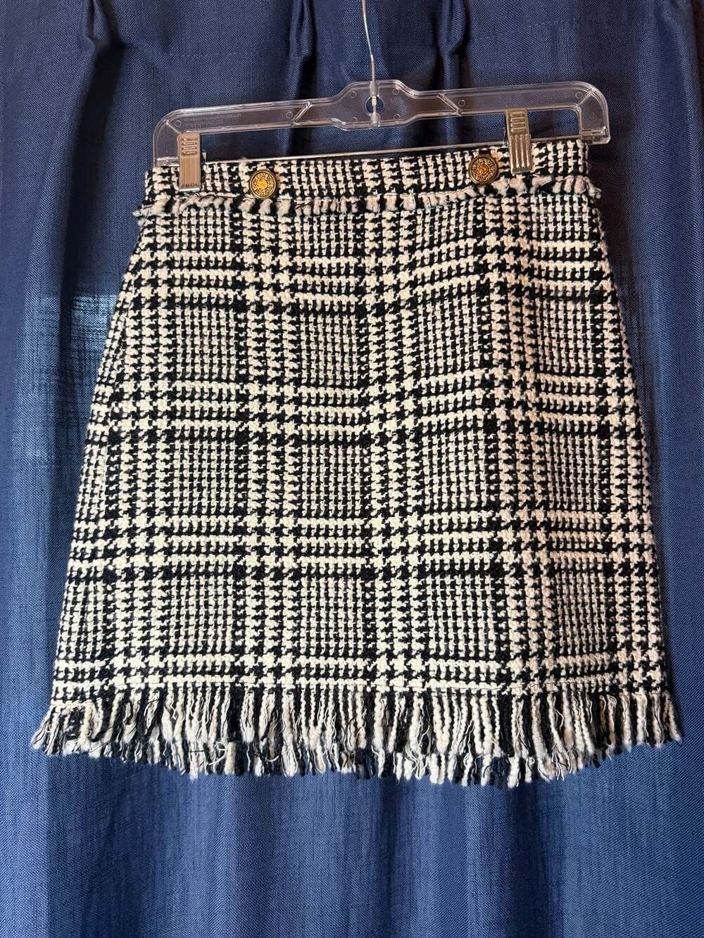 Zara Woman Black and White Plaid Tweed Fringe Mini Skirt XS